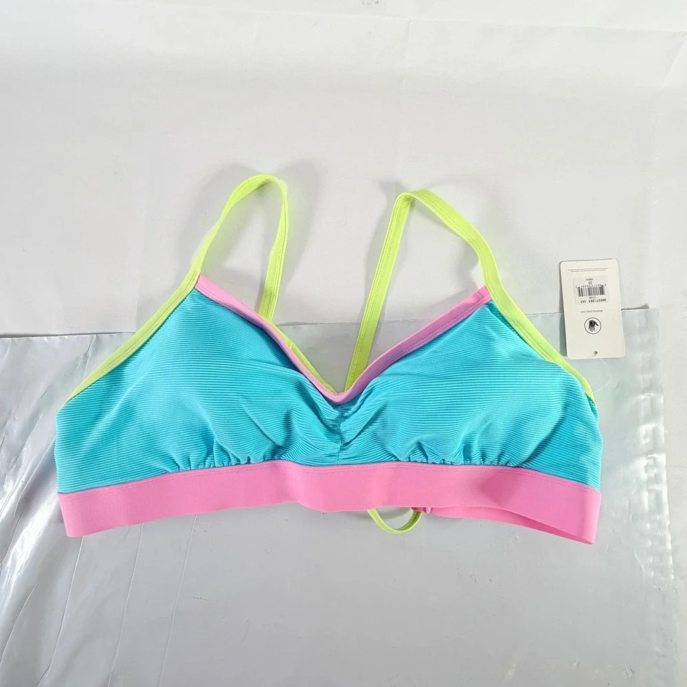 Body Glove Drew Ribbed Fixed Triangle Swim Bikini Top Cyan Blue Pink 3X‎ New